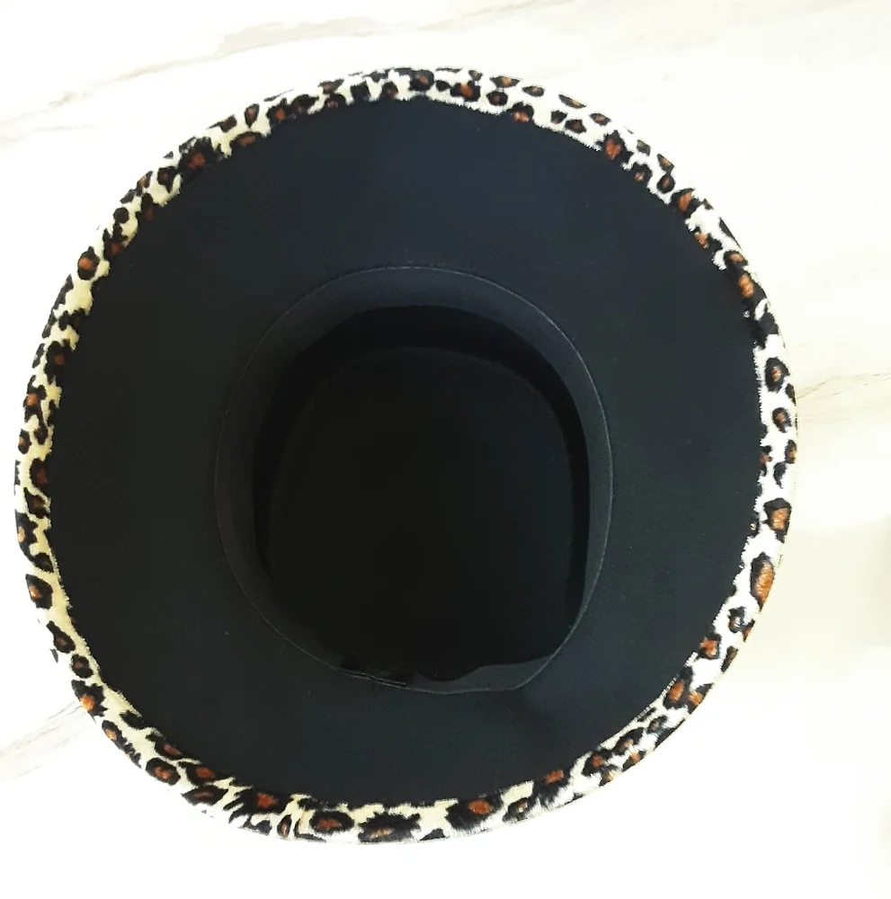 SS Black 100% Wool Leopard Print Fedora Hat Sz  21.5